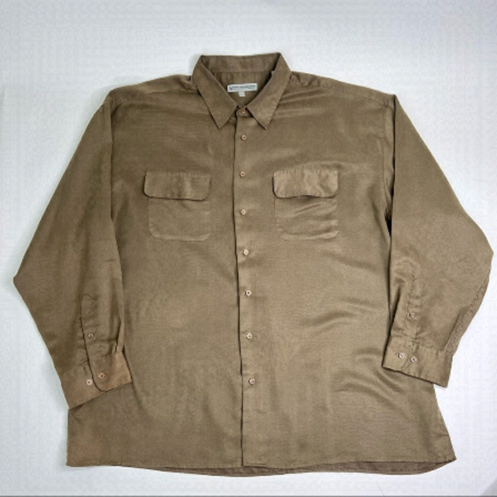 Maxini Collezione Brown Green 100% Ultra Suede Pocket Long Sleeve Dress Shirt